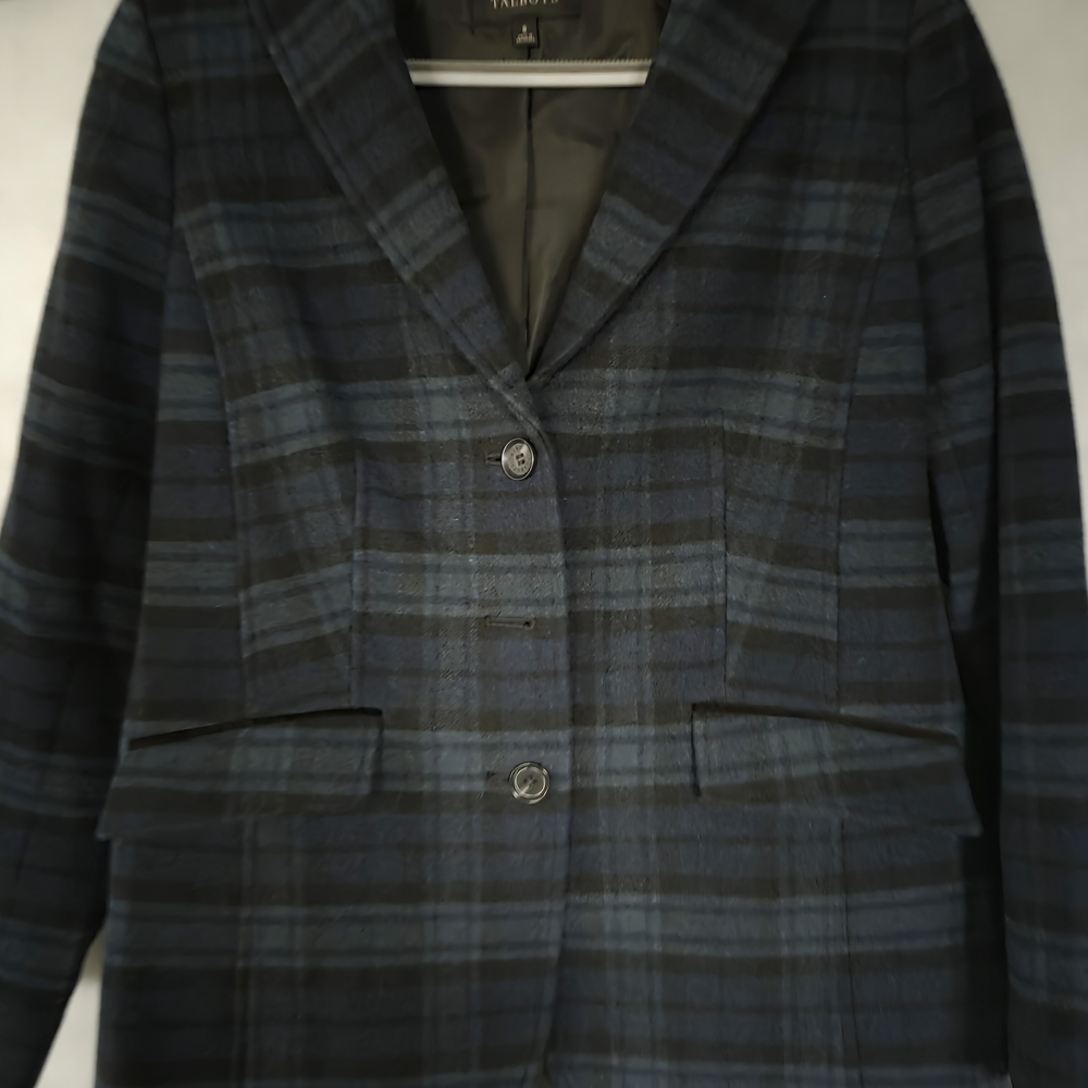 Talbots Dark Navy and Black Plaid Single-Breasted Blazer